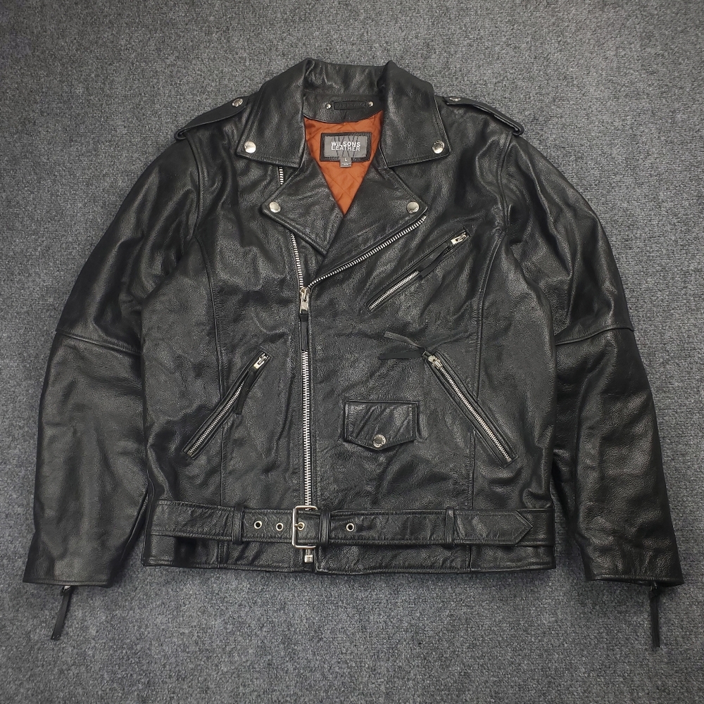 Wilsons Leather Biker Jacket Mens Large Double Rider Zippers Belted Moto Riding